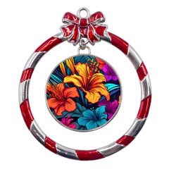 Hibiscus Flowers Colorful Vibrant Tropical Garden Bright Saturated Nature Metal Red Ribbon Round Ornament by Maspions