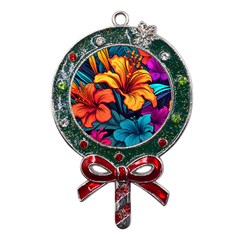 Hibiscus Flowers Colorful Vibrant Tropical Garden Bright Saturated Nature Metal X mas Lollipop With Crystal Ornament by Maspions