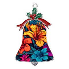 Hibiscus Flowers Colorful Vibrant Tropical Garden Bright Saturated Nature Metal Holly Leaf Bell Ornament by Maspions