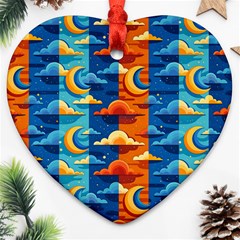 Clouds Stars Sky Moon Day And Night Background Wallpaper Ornament (heart)