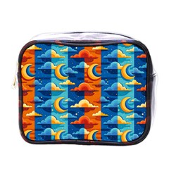 Clouds Stars Sky Moon Day And Night Background Wallpaper Mini Toiletries Bag (one Side)