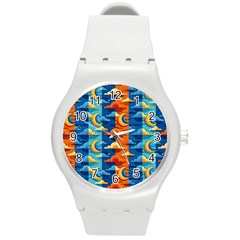 Clouds Stars Sky Moon Day And Night Background Wallpaper Round Plastic Sport Watch (m) by Maspions