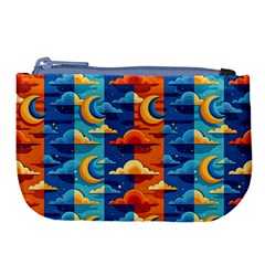 Clouds Stars Sky Moon Day And Night Background Wallpaper Large Coin Purse by Maspions