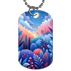 Nature Night Bushes Flowers Leaves Clouds Landscape Berries Story Fantasy Wallpaper Background Sampl Dog Tag (one Side) by Maspions