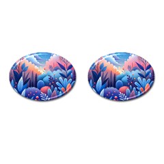 Nature Night Bushes Flowers Leaves Clouds Landscape Berries Story Fantasy Wallpaper Background Sampl Cufflinks (oval) by Maspions