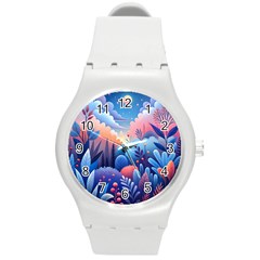 Nature Night Bushes Flowers Leaves Clouds Landscape Berries Story Fantasy Wallpaper Background Sampl Round Plastic Sport Watch (m) by Maspions