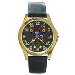 Bird Flower Plant Nature Round Gold Metal Watch