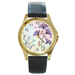 Flower Paint Flora Nature Plant Round Gold Metal Watch