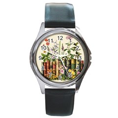 Books Flowers Book Flower Flora Floral Round Metal Watch by Maspions