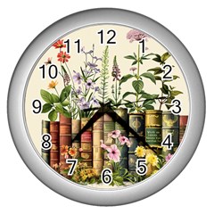 Books Flowers Book Flower Flora Floral Wall Clock (silver)