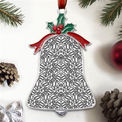 Monochrome Maze Design Print Metal Holly Leaf Bell Ornament by dflcprintsclothing