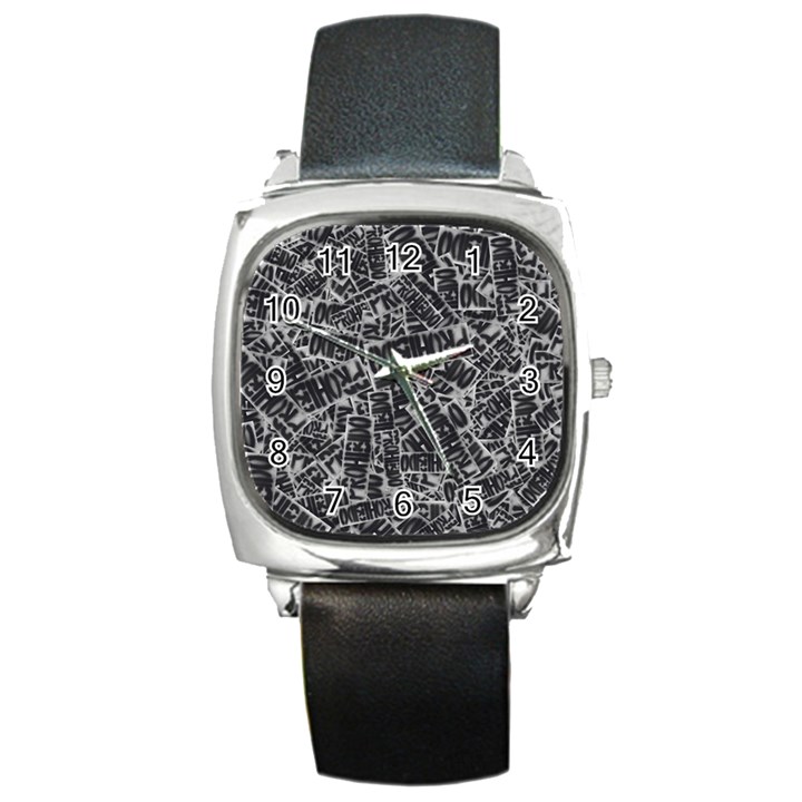 Rebel Life: Typography Black and White Pattern Square Metal Watch