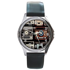 Retro Cameras Old Vintage Antique Technology Wallpaper Retrospective Round Metal Watch by Grandong