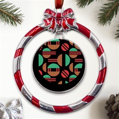 Abstract Geometric Pattern Metal Red Ribbon Round Ornament