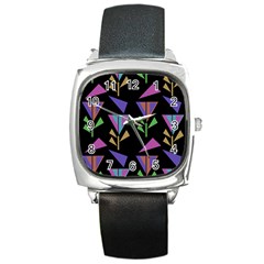 Abstract Pattern Flora Flower Square Metal Watch