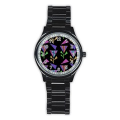 Abstract Pattern Flora Flower Stainless Steel Round Watch