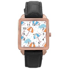 Rain Umbrella Pattern Water Rose Gold Leather Watch 