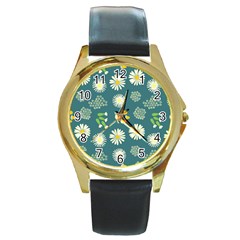 Drawing Flowers Meadow White Round Gold Metal Watch by Maspions