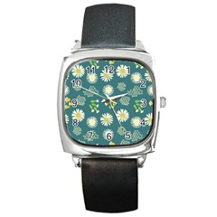 Drawing Flowers Meadow White Square Metal Watch by Maspions