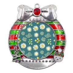 Drawing Flowers Meadow White Metal X mas Ribbon With Red Crystal Round Ornament by Maspions