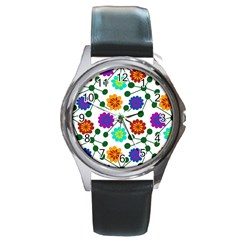 Bloom Plant Flowering Pattern Round Metal Watch