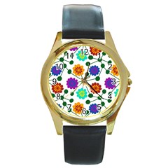 Bloom Plant Flowering Pattern Round Gold Metal Watch