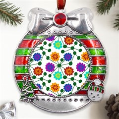 Bloom Plant Flowering Pattern Metal X mas Ribbon With Red Crystal Round Ornament by Maspions