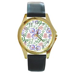 Bloom Nature Plant Pattern Round Gold Metal Watch