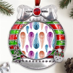 Pen Peacock Colors Colored Pattern Metal X mas Ribbon With Red Crystal Round Ornament