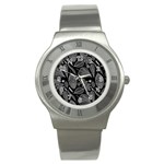 Leaves Flora Black White Nature Stainless Steel Watch Front