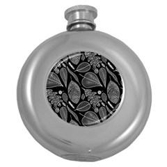 Leaves Flora Black White Nature Round Hip Flask (5 Oz)