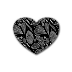 Leaves Flora Black White Nature Rubber Heart Coaster (4 Pack)