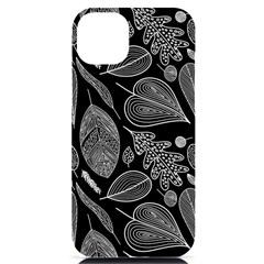 Leaves Flora Black White Nature Iphone 14 Plus Black Uv Print Case by Maspions