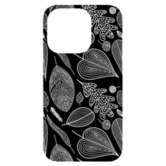 Leaves Flora Black White Nature Iphone 14 Pro Black Uv Print Case by Maspions