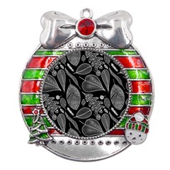 Leaves Flora Black White Nature Metal X mas Ribbon With Red Crystal Round Ornament by Maspions