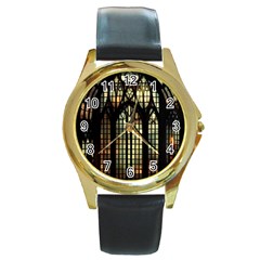 Stained Glass Window Gothic Round Gold Metal Watch