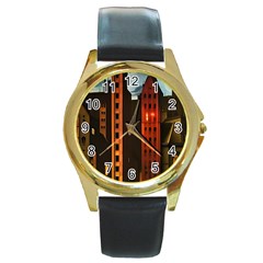 Sci-fi Futuristic Science Fiction City Neon Scene Artistic Technology Machine Fantasy Gothic Town Bu Round Gold Metal Watch by Posterlux