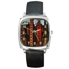 Sci-fi Futuristic Science Fiction City Neon Scene Artistic Technology Machine Fantasy Gothic Town Bu Square Metal Watch by Posterlux