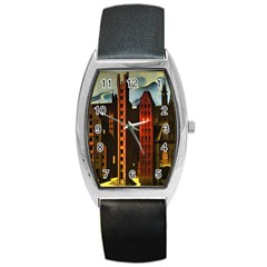 Sci-fi Futuristic Science Fiction City Neon Scene Artistic Technology Machine Fantasy Gothic Town Bu Barrel Style Metal Watch by Posterlux