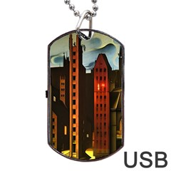 Sci-fi Futuristic Science Fiction City Neon Scene Artistic Technology Machine Fantasy Gothic Town Bu Dog Tag Usb Flash (one Side) by Posterlux