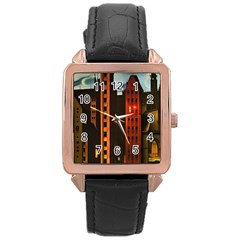 Sci-fi Futuristic Science Fiction City Neon Scene Artistic Technology Machine Fantasy Gothic Town Bu Rose Gold Leather Watch  by Posterlux