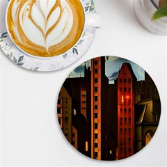 Sci-fi Futuristic Science Fiction City Neon Scene Artistic Technology Machine Fantasy Gothic Town Bu Uv Print Round Tile Coaster by Posterlux