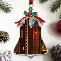 Sci-fi Futuristic Science Fiction City Neon Scene Artistic Technology Machine Fantasy Gothic Town Bu Metal Holly Leaf Bell Ornament by Posterlux