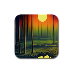 Outdoors Night Moon Full Moon Trees Setting Scene Forest Woods Light Moonlight Nature Wilderness Lan Rubber Square Coaster (4 Pack) by Posterlux