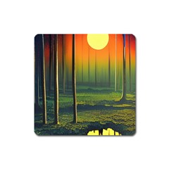 Outdoors Night Moon Full Moon Trees Setting Scene Forest Woods Light Moonlight Nature Wilderness Lan Square Magnet by Posterlux