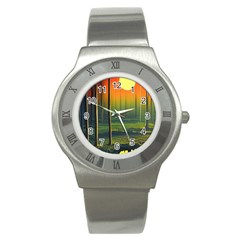 Outdoors Night Moon Full Moon Trees Setting Scene Forest Woods Light Moonlight Nature Wilderness Lan Stainless Steel Watch by Posterlux