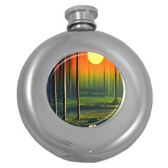 Outdoors Night Moon Full Moon Trees Setting Scene Forest Woods Light Moonlight Nature Wilderness Lan Round Hip Flask (5 Oz) by Posterlux