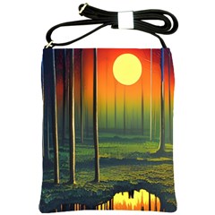 Outdoors Night Moon Full Moon Trees Setting Scene Forest Woods Light Moonlight Nature Wilderness Lan Shoulder Sling Bag by Posterlux