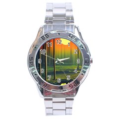 Outdoors Night Moon Full Moon Trees Setting Scene Forest Woods Light Moonlight Nature Wilderness Lan Stainless Steel Analogue Watch by Posterlux