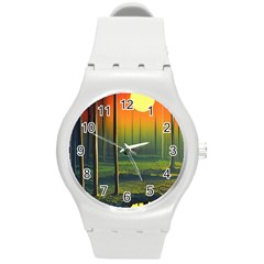 Outdoors Night Moon Full Moon Trees Setting Scene Forest Woods Light Moonlight Nature Wilderness Lan Round Plastic Sport Watch (m) by Posterlux